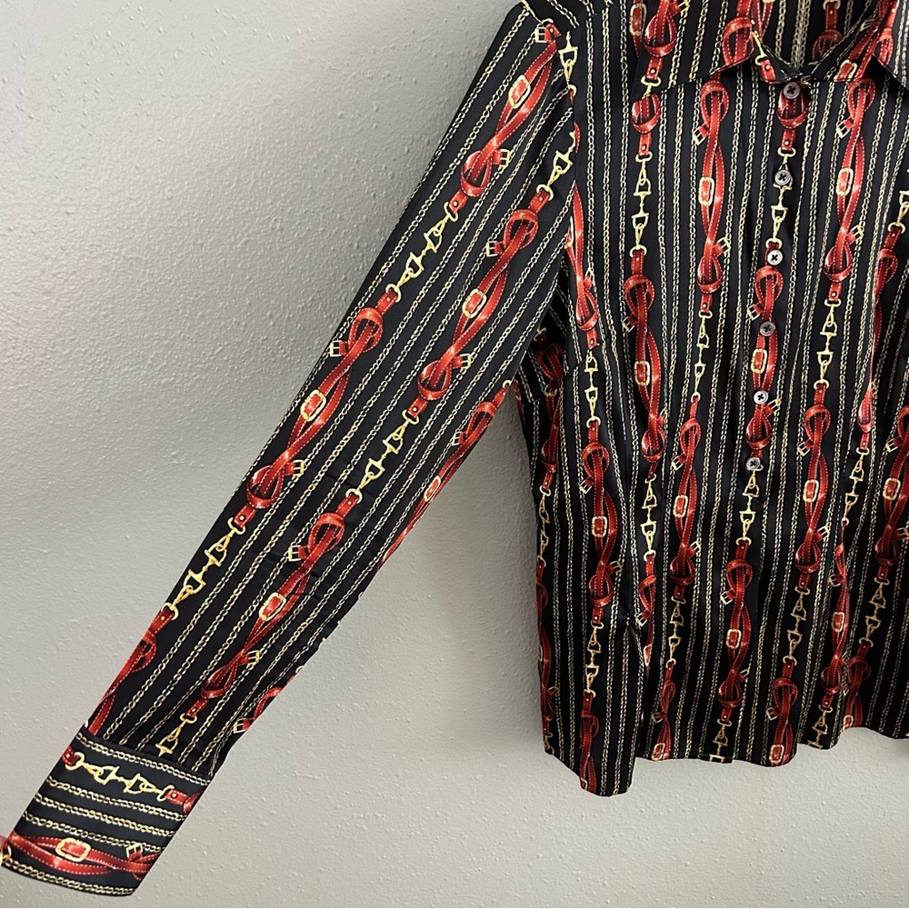 Eye Silk Bit and Bridle Print Button Front Shirt Women’s Size 4 Old Money Luxury - Picture 4 of 10